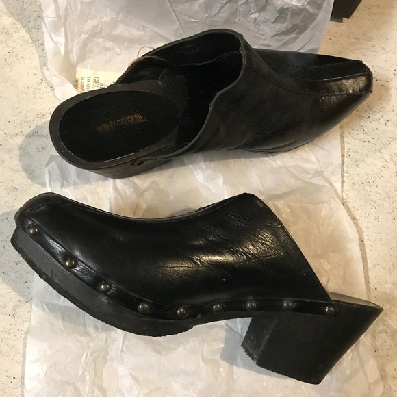 Harley-Davidson Studded Leather Clogs Women's Size 5.5 Black Slip On Pointy Toe - Picture 1 of 6